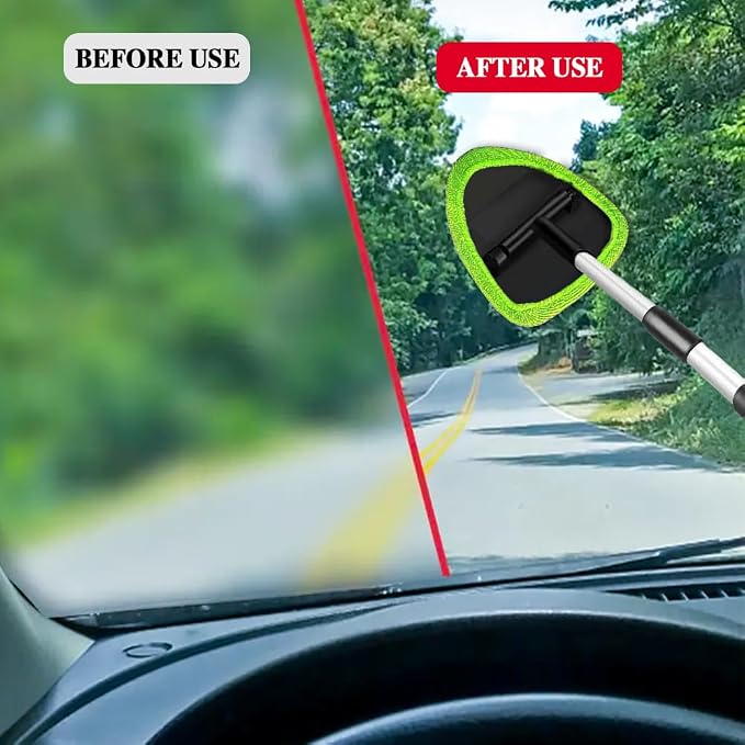 Windshield Cleaning Tool, Car Window Cleaner with Extendable Long Handle and 4 Washable Reusable Microfiber Pads, Auto Interior Exterior Auto Glass Wiper for Windshield, Universal for Cars (Green)