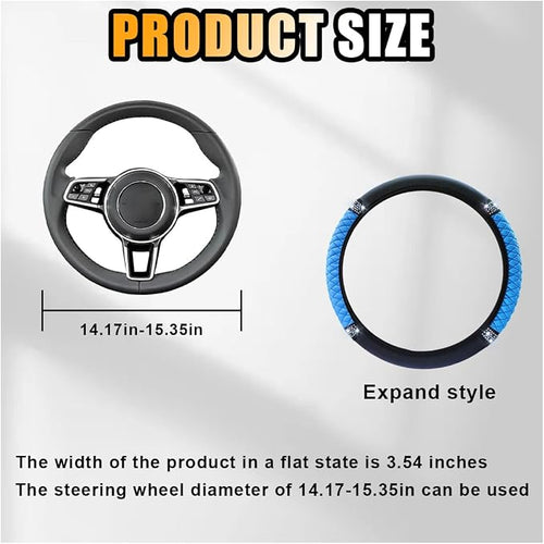 15 Inch Bling Soft Leather Car Steering Wheel Cover, Blue | Colorful Rhinestones Design, Auto Elastic Protector for Women Girls, Crystal Diamond Car Accessories for Most Cars, SUVs