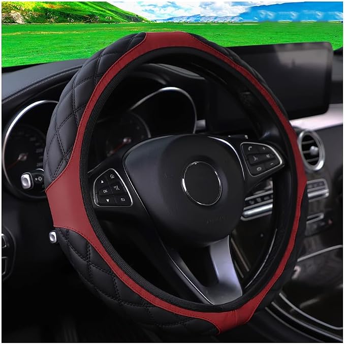 15 Inch Car Leather Steering Wheel Cover, Automotive Accessories Elastic Breathable Anti-Slip Soft Wheel Protector Fits Men and Women, Suitable for SUVs, Trucks, Vehicles and RVs (Wine red)