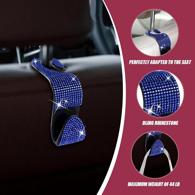 2 Pack Car Hooks, Bling Rhinestones Crystal Hooks, Auto Seat Back Organizers, Car Decorations Backseat Hanger, Car Seat Hooks Perfect for Holding Handbags, Clothes, Purses and Water Bottles
