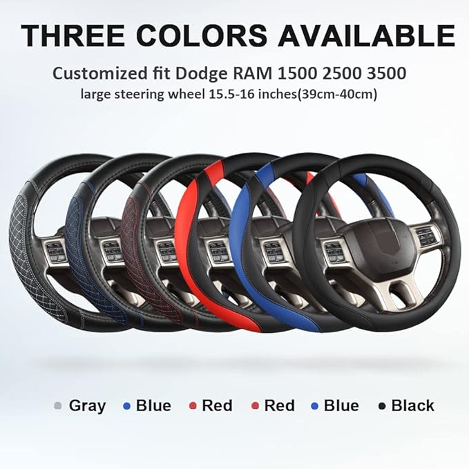 Customized Auto Car Steering Wheel Cover for Dodge RAM 1500 2500 3500, 15.5-16 inch (Black-Large Size)