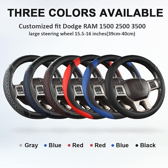 Customized Auto Car Steering Wheel Cover for Dodge RAM 1500 2500 3500, 15.5-16 inch (Diamond Quilted-Black+Red-Large Size)