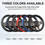 Customized Auto Car Steering Wheel Cover for Dodge RAM 1500 2500 3500, 15.5-16 inch (Black+Blue-Large Size)