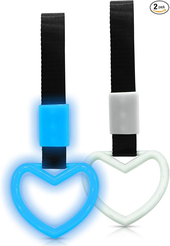 2 Pcs Heart Shaped Car Handle Strap – Drift Charm Rear Bumper Warning Ring Decor for Car Interior Exterior, Subway Bus Handle Accessory, Cute Heart Car Decor Gift for Women & Men (Luminous Blue)