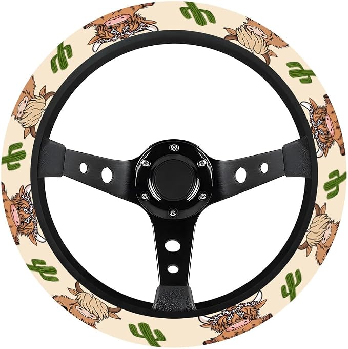Cute Highland Cow Steering Wheel Cover, Non Slip Polyester Car Wheel Protector for Car SUV Truck, Universal 15 Inch