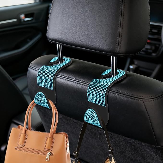 4PCS Bling Car Seat Headrest Hooks, Purse Holder for Car, Vehicle Back Seat Purse Handbag Hanging Holder with Crystal Rhinestone, Diamond Car Rear Seat Organizer for Vehicles (Lake Blue/Black)