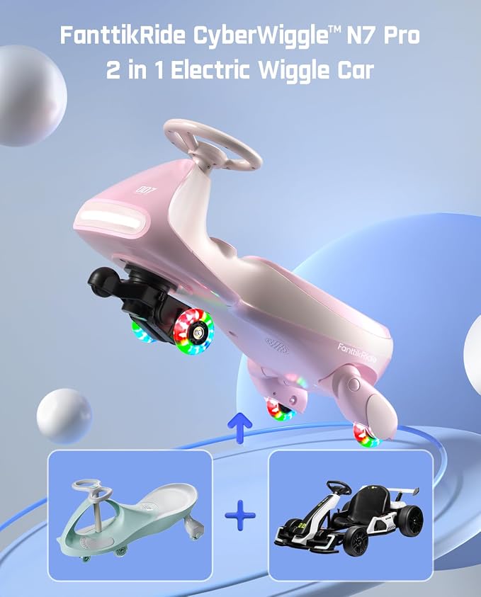 N7 Pro Electric Wiggle Car, Rechargeable Battery, CyberWiggle, 2 in 1 Swing Car, 2 Speeds Max 4 Mph, Anti-Rollover, Flashing Wheels, Bluetooth, Ages 3+, 150 Lbs,Pinkish White