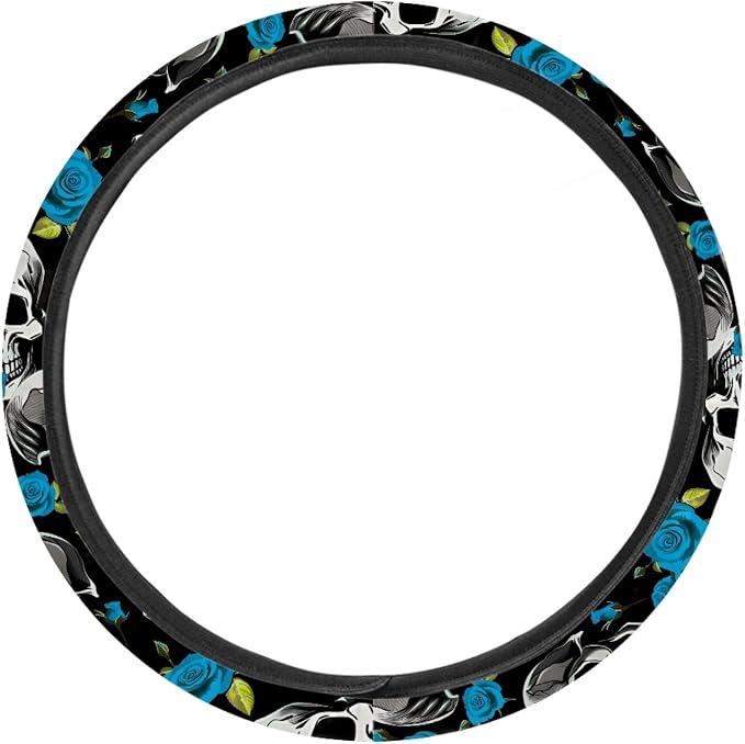 Skulls Print Car Steering Wheel Cover Stretch-on Fabric Neoprene Comfortable Grip Automotive Steering Wheel Protector Adult Anti-Slip Universal 15 inch Machine Washable Gray
