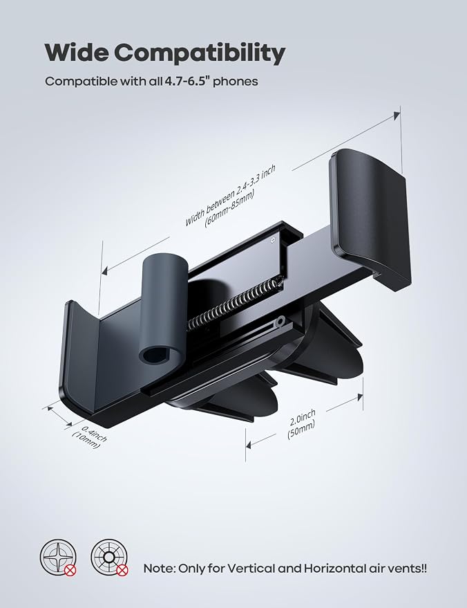 Car Cell Phone Mount, Air Vent Clip Holder, Universal Stand Hands Free Cradle Compatible with Phone 12 Mini 11 Pro Xs Xs Max Xr X 8 7 6 6s Plus SE and Other 4.7-6.5'' Smartphones - Gray