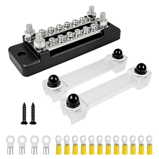 150A Double-Row Busbar Power Distribution Block 12V Bus Bar with Ring Terminals, 304 Stainless Steel Marine Terminal Block and Ground Buss Bar Kit, 4 x M6 Stud, 12 x M4 Screw