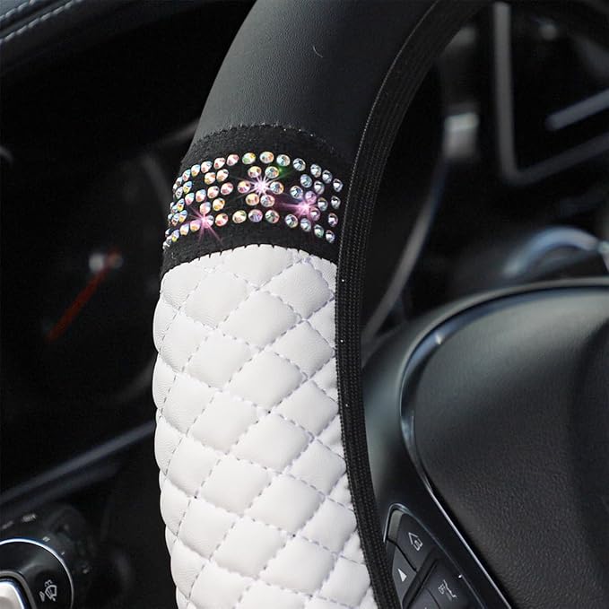 Bling Car Steering Wheel Cover, 15 Inch Rhinestones Soft Leather Elastic Steering Wheel Protector, Sparkly Crystal Diamond for Women Girls (White)