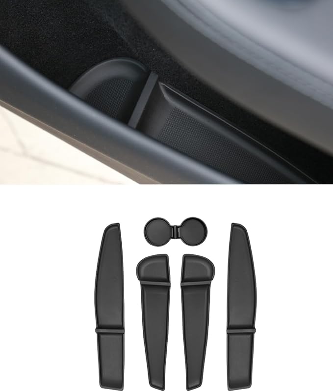 Door Side Pocket Storage Box Liners, 4pcs TPE Front & Rear Door Pocket Inner Organizer Trays and Cup Holder Pad Compatible with Tesla Model Y Juniper 2025 2026