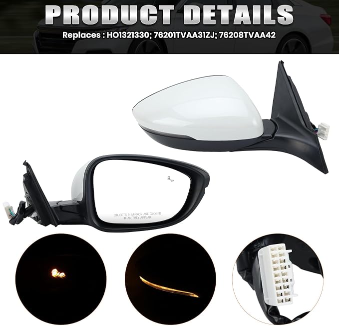 Right Passenger Side Mirror Compatible with 2018-2022 Honda Accord Power Glass | Heated | with Blind Spot | with Turn Signal | Manual Folding Repalces HO1321330 (8Pins-Pearl White)