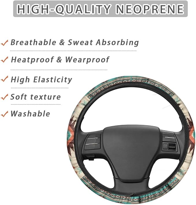 Southwest Aztec Beige Cyan Auto Steering Wheel Cover for Women Men, Universal 15 Inch Soft Elastic Steering Wheel Wrap Anti-Slip Easy to Install Car Accessories