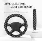 Dark Gray Checkered Steering Wheel Cover for Women, Universal Auto Steering Wheel 14-15 Inch Car Interior Accessories with 2PCS Car Coasters, Suitable for Men and Women