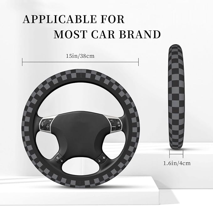 Dark Gray Checkered Steering Wheel Cover for Women, Universal Auto Steering Wheel 14-15 Inch Car Interior Accessories with 2PCS Car Coasters, Suitable for Men and Women