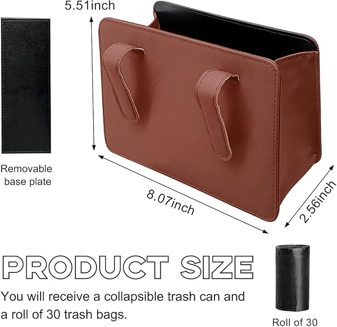 Yourkar Car Trash Can, Foldable Waterproof Leather Car Garbage Organizer Holder, Automotive Mini Dustbin Container with One Roll Trash Bag, Universal Interior Car Accessories (Brown)