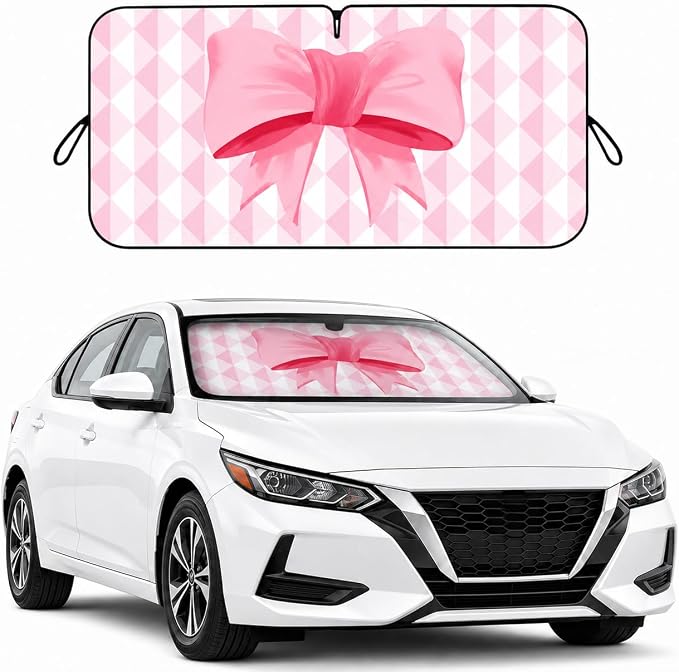 Car Windshield Sun Shade, Universal Fit Compact Sedan SUV, Pink Plaid Bow | 59 x 27.5" Car Sun Visor, Foldable Front Window Sunshade, UV Heat Protection, Girly Bow Series
