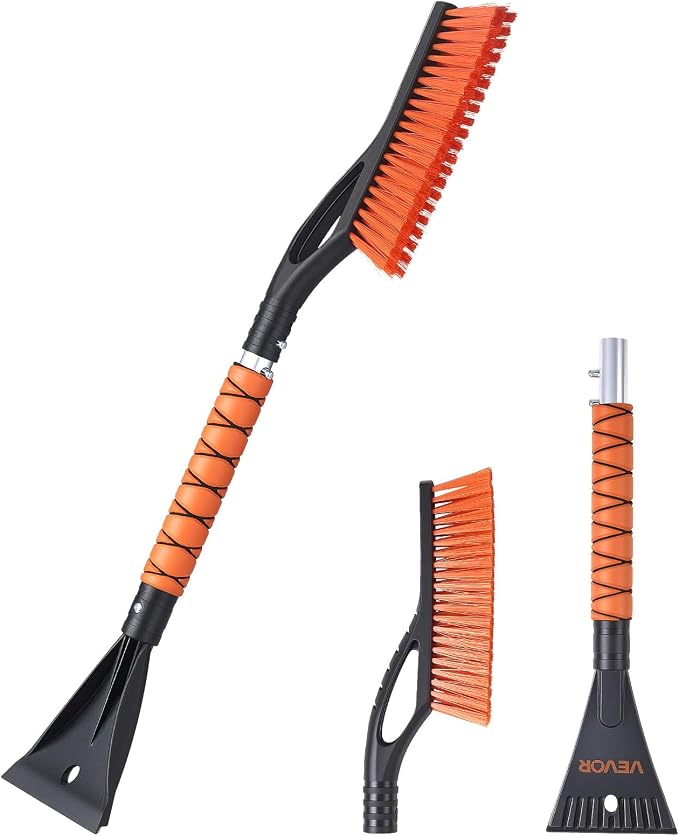 Snow Brush and Ice Scrapers for Car Windshield, 27-inch Aluminum Snow Scraper Removal Tool with Foam Grip & Scratch-Free Bristles, Detachable and Easy-to-Carry for Cars, Trucks, SUVs, RVs