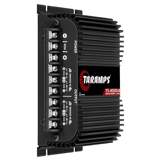 TS 400x4 2 Ohms Black Multichannel Stereo Amplifier 400 Watts Rms, 4 Channels, Full Range, Car Audio Digital 2 Bridged Channel, Crossover High/Low Pass, with RCA and Automatic High Level Input