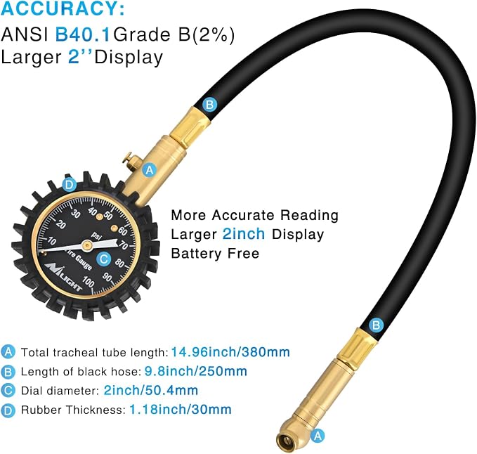 Tire Pressure Gauge 100PSI Heavy Duty Large 2" Glow Dial ANSI B40.1 Certified Air Chucks Accurate Reading with Extended Hose for Truck Semi Truck ATV Motorhome Cars & RV Accessories