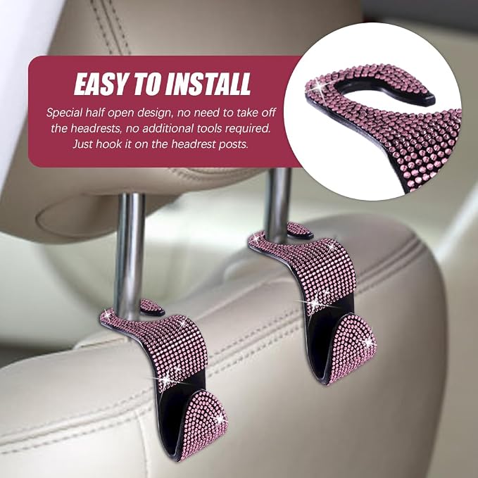 2 Pack Car Hooks, Bling Rhinestones Crystal Hooks, Auto Seat Back Organizers, Car Decorations Backseat Hanger, Car Seat Hooks Perfect for Holding Handbags, Clothes, Purses and Water Bottles
