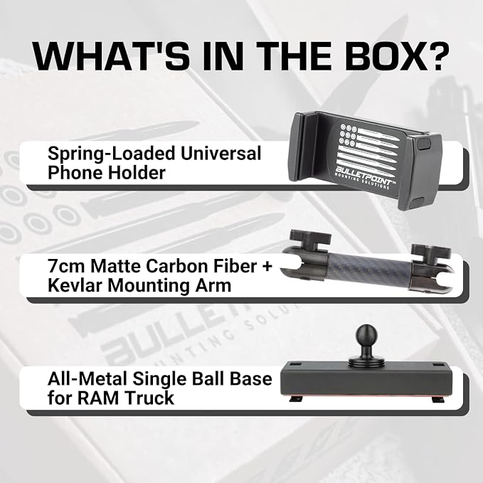 Bulletpoint Dash Cell Phone Holder For RAM Truck (2019+ 1500, 2500, 3500 and TRX) with 20mm Single Ball Mount - Compatible with iPhone and Android Smartphones