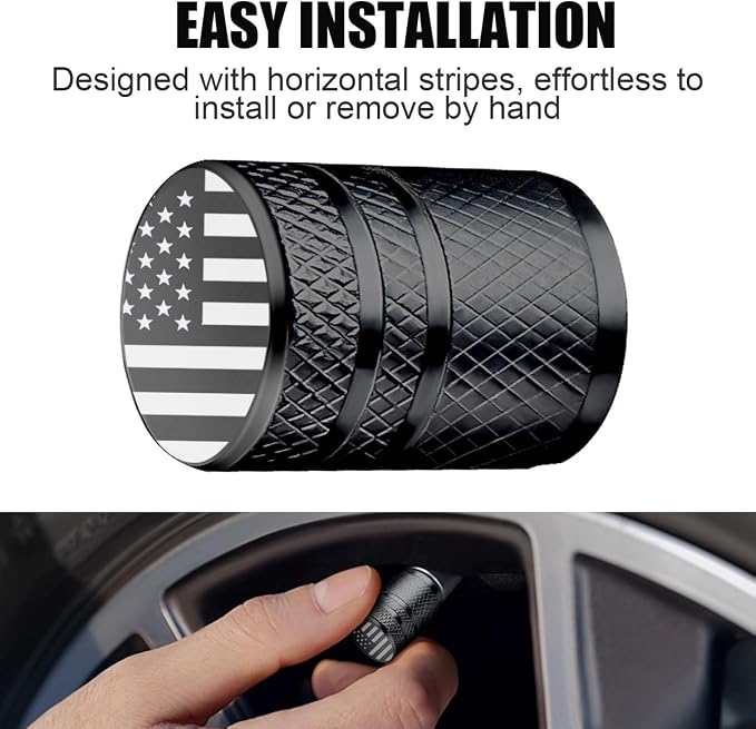 Tire Valve Stem Caps - (4 Pack) American Flag Metal Air Caps with Plastic Liner, Durable, Corrosion Resistant and Leak-Proof, Universal Fit for Cars, Trucks, Motorcycles, and Bikes - Black