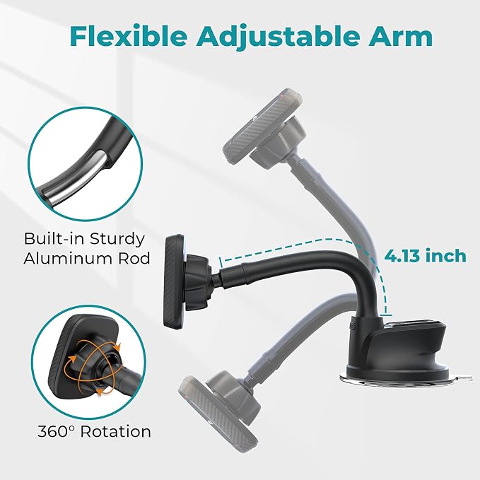 Magnetic Phone Holder for Car, Dashboard Windshield Phone Holder Mount with Flexible Arm & Built-in Strong Magnets, Suction Cup Phone Holder for Car Compatible with All Smartphones