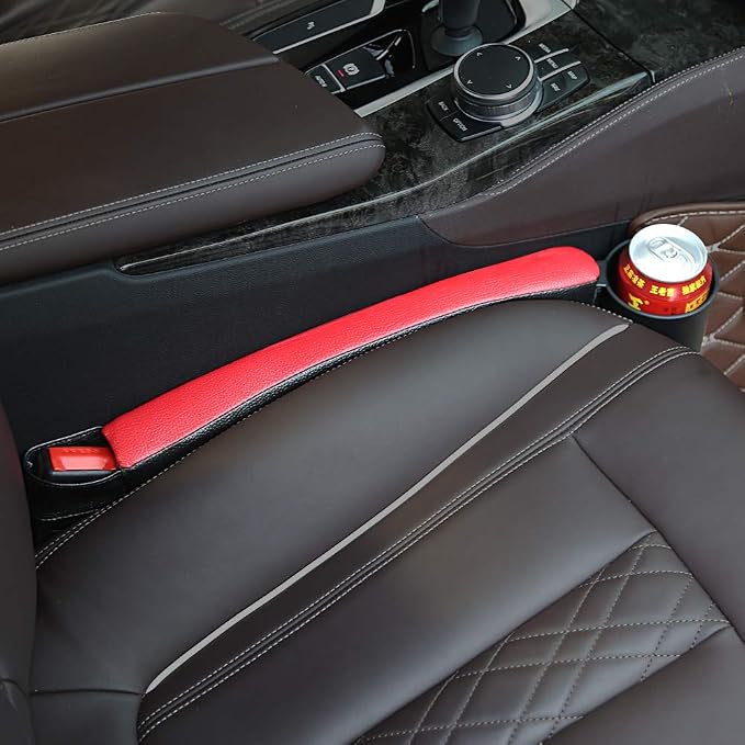 2 Prices Car Seat Gap Filler Pad PU Leather Console Side Pocket Organizer and one Cup for Cellphone Wallet Coin Key (Black+Red)
