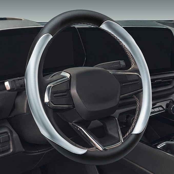 Leather Steering Wheel Cover for Chevy Silverado 1500 2500 3500, 14.5-15 inches Car Steering Wheel Cover with Non-Slip Breathable (Bright Silver)