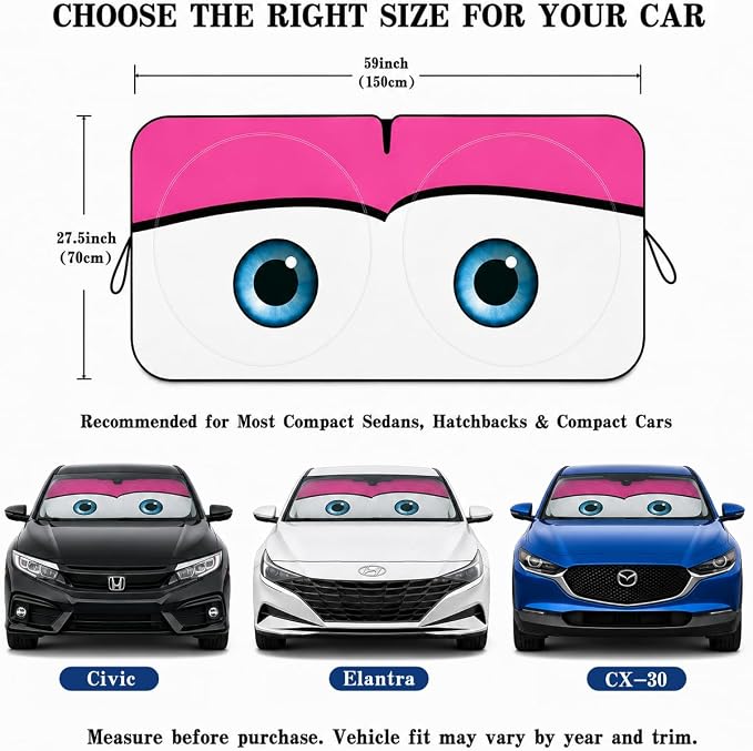 Car Windshield Sun Shade, Universal Fit Compact Sedan SUV, Cute Pink | 59 x 27.5" Car Sun Visor, Foldable Front Window Sunshade, UV Heat Protection, Cute Eyes Series