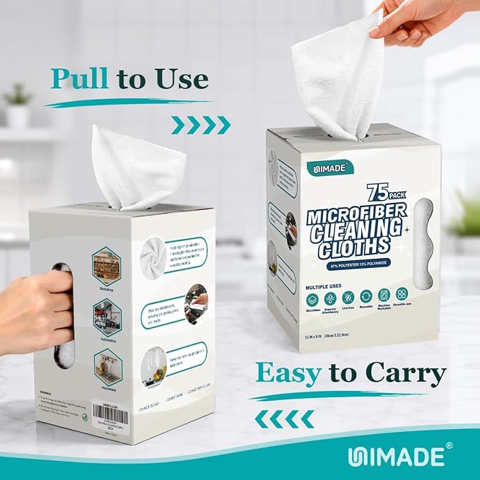 Microfiber Cleaning Cloth, 75 Sheets Microfiber Towels for Cars Commercial Grade Washcloths Lint-Free Bulk Shop Towel Cleaning Rags for Household Restaurant Garage Housekeeping, 11"x 9", White