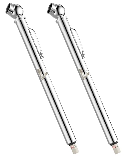 Pencil Tire Pressure Gauge, 2 Pack, 10-75 PSI, Stainless Steel Body | Metal Made Nozzle, Rust and Corrosion Resistant, Pencil Air Pressure Gauge for Tires, 3 Measurements for Cars, Bikes