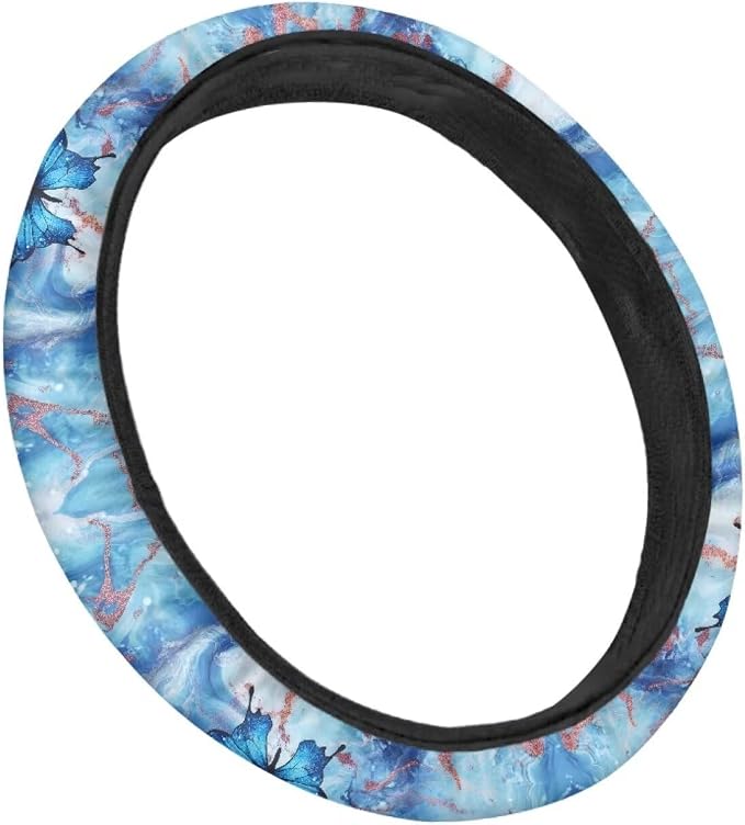 Sweat Absorption Steering Wheel Cover for SUV Van Truck Car Butterfly Marble Texture Blue Pattern Universal Car Wheel Cover Polyester Cover with Anti-Slip Lining