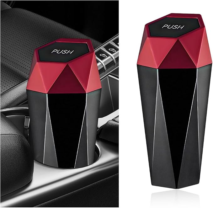 Car Trash Can with Lid, Diamond Design Leakproof Vehicle Cup Holder Garbage Can, Waterproof Trash Bin Mini Portable Garbage Organizer for Cars Homes Offices Bedrooms (Red)
