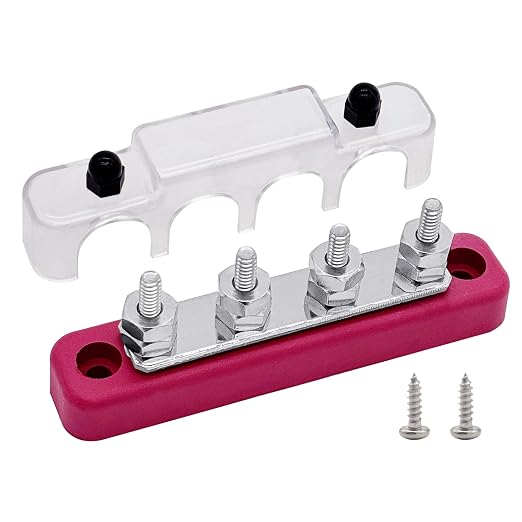 4 x #10 (M5) Studs Bus Bar, 4.2" Power Distribution Block Brass Battery BusBar Junction with Cover for Auto Boat Amplifier and More (Red)