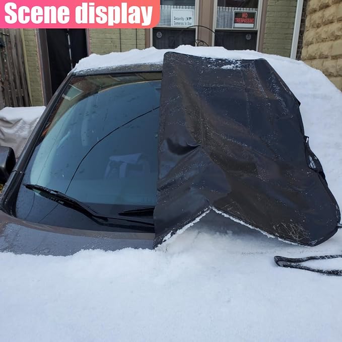 Car Front Windshield Snow Ice Cover, Oxford Waterproof Auto Sun Shade, 74'' × 66'' Vehicle Windproof Protect Cover, Winter Frost Automotive Exterior Accessories for SUV, Sedan, Truck (Front)