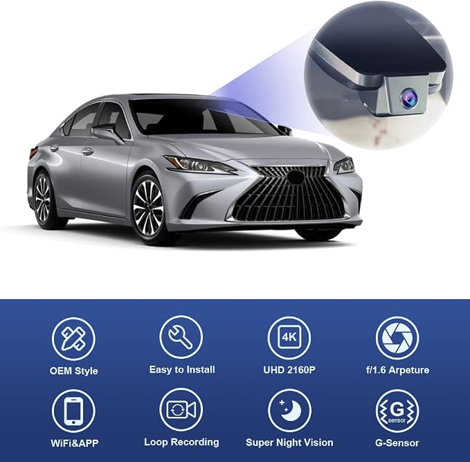 4K Dash Cam Suitable for Lexus ES 2019-2025 ES350 ES300h F Sport ES250, OEM Style, 2160P UHD Video, Built-in WiFi & APP, Loop Recording, G-Sensor, Plug&Play, 64GB Card