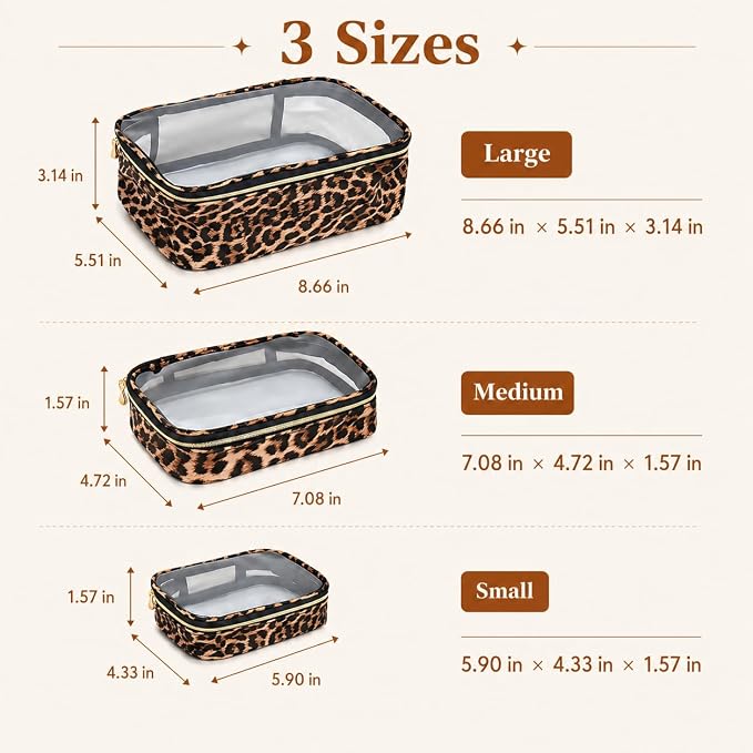 Clear Makeup Bags with Zipper, TSA Approved Travel Toiletry Bag, 3-Pack (Large, Medium & Small) Clear Cosmetic Bag, Waterproof Make Up Bag for Women, Car Bag Organizer & Car Organization Essentials