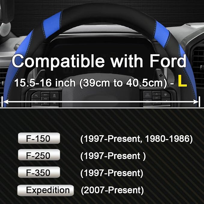 Customized Auto Car Steering Wheel Cover for Ford F-150, F-250, F-350, Expedition (Black+Blue)