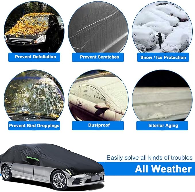 Universal Half Car Cover Waterproof All Weather, Black Car Covers for Automobiles Outdoor Indoor for All Season Waterproof Dustproof Uv Resistant Snowproof Fit for Sedan