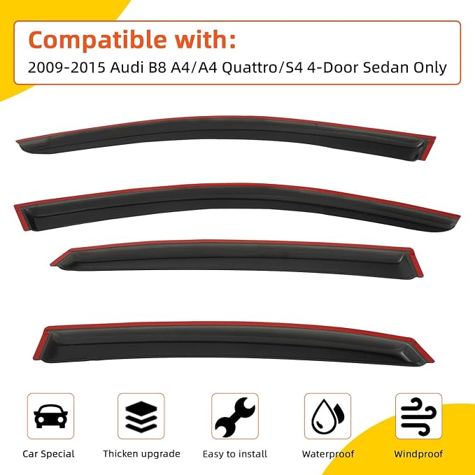 Rain Guards Compatible with 2009-2015 Audi B8 A4/A4 Quattro/S4 4-Door Sedan Tape-On Side Window Visor Wind Deflector Vent Visors Car Accessories
