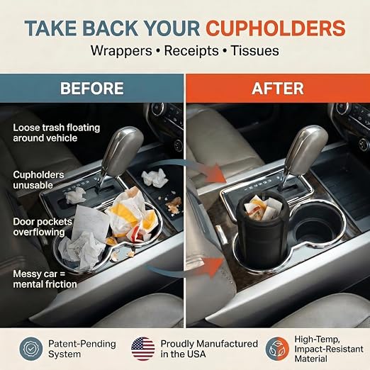 Car Trash Can Cup Holder | Max Car Trash Can | Fits in Most Cupholders | 5.6" x 3.5" | Traps More & Empties Less, Patent-Pending Compaction, Holds Many Weeks Small Garbage, Black/Grey