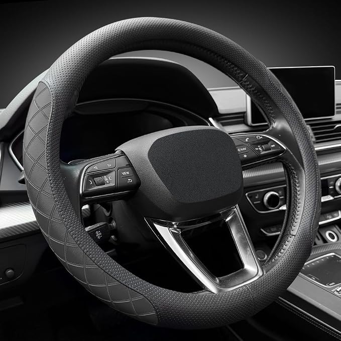 Nappa Leather Steering Wheel Cover, Elegant Diamond Checkered Design, Non-Slip wear-Resistant, Enhance Driving Comfort, Suitable for Steering Wheel Diameter 14 1/2‘-15’ Models.Black