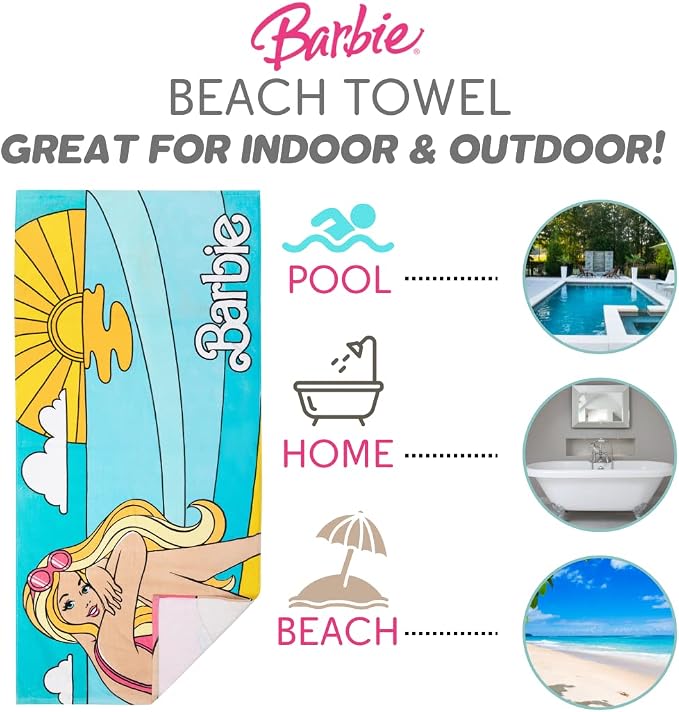 Barbie Super Soft Cotton Bath/Pool/Beach Towel, Barbiecore 58 in x 28 in, (Official Barbie Product) By