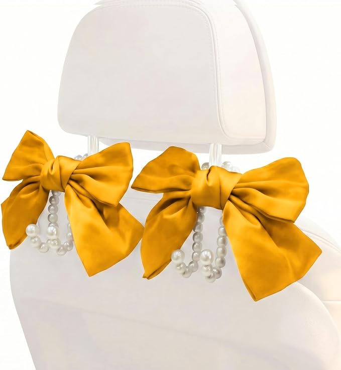 2PCS Satin Bow Pearl Car Seat Headrest Hooks – Car Bag Holder & Vehicle Hanger for Purses – Cute Coquette Aesthetic Interior Decoration – Cute Auto Organizer Accessories Universal (Glod)