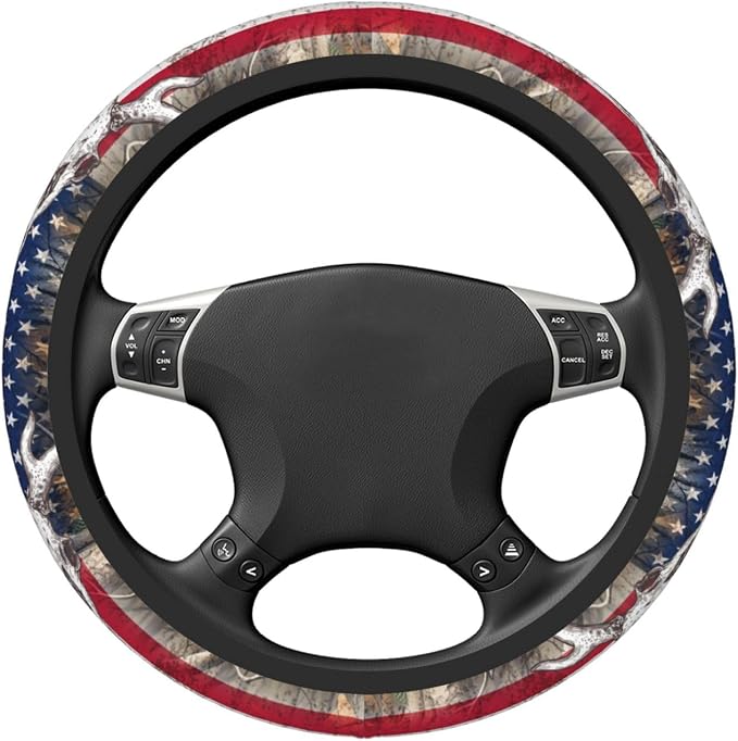 Camo Us Flag Deer Elastic Steering Wheel Cover Non-Slip Breathable Steering Wheel Protector Fit Auto, SUVs, Truck