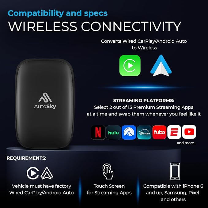 AI Box Lite Flex – Wireless CarPlay & Android Auto Adapter with Selectable Streaming Apps (Netflix, Hulu, Disney+, Prime Video & More) – Plug & Play, Touchscreen Required