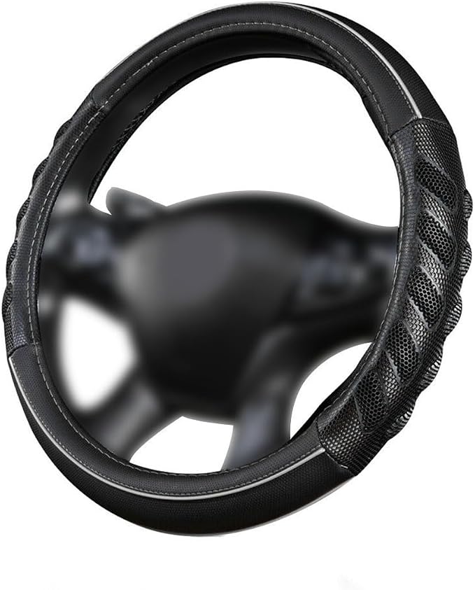 car Steering Wheel Cover Faux Leather Massage Universal fit 3D Honeycomb Hole Anti-Slip Sporty 15 Inches (Grey Black)